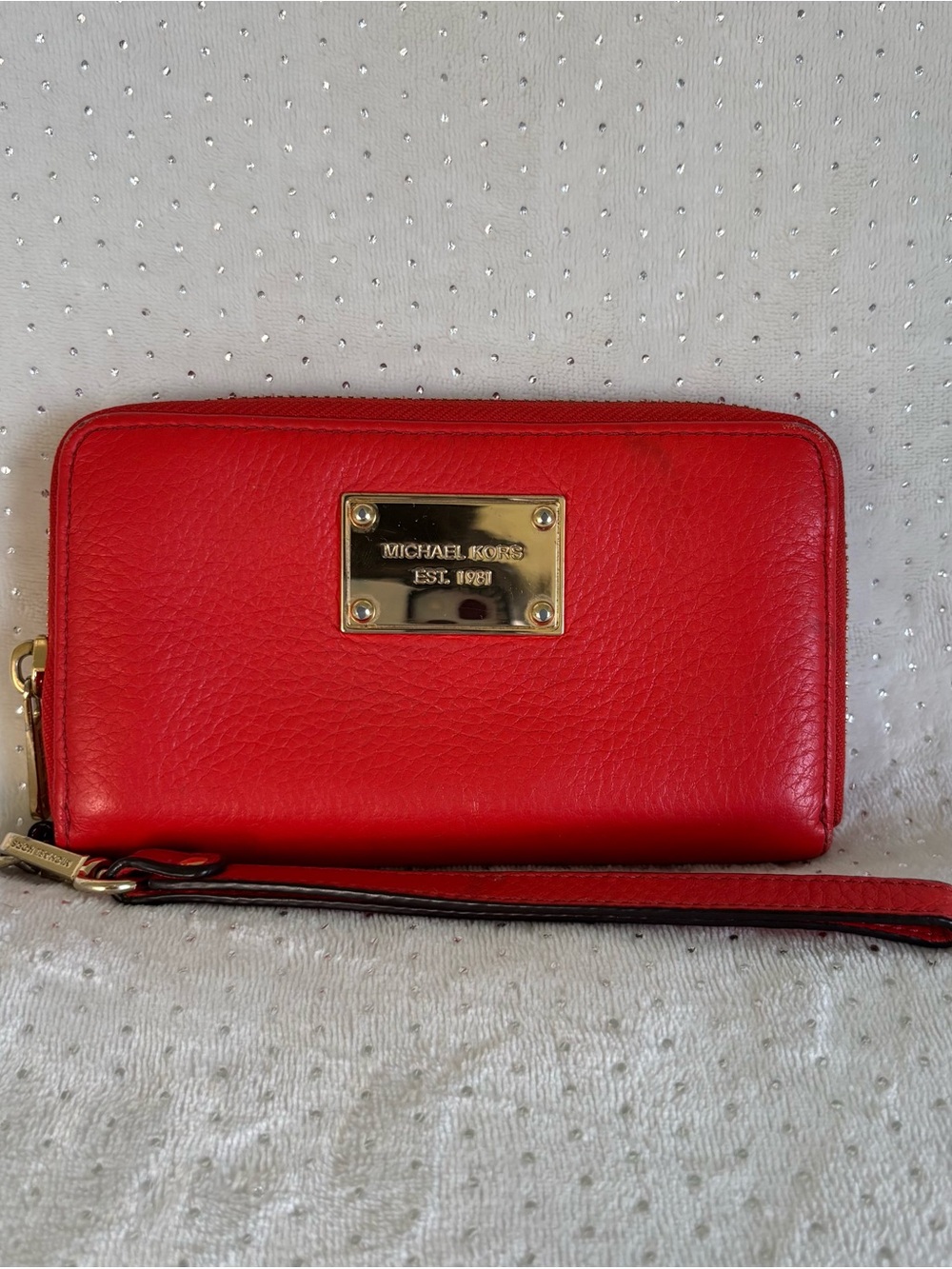 Michael Kors Red Pebbled Leather Wristlet with Gold Plaque